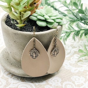 CLEARANCE Miraculous Medal Boho Dangle Earrings | Leather | Solid/Pure Bronze | Religious Jewelry | Catholic Gift | Modern/Minimalist Faith