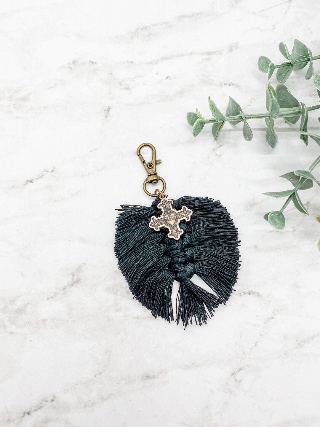 CLEARANCE Sacred Heart Cross Macramé Keychain/purse Clip Solid Bronze