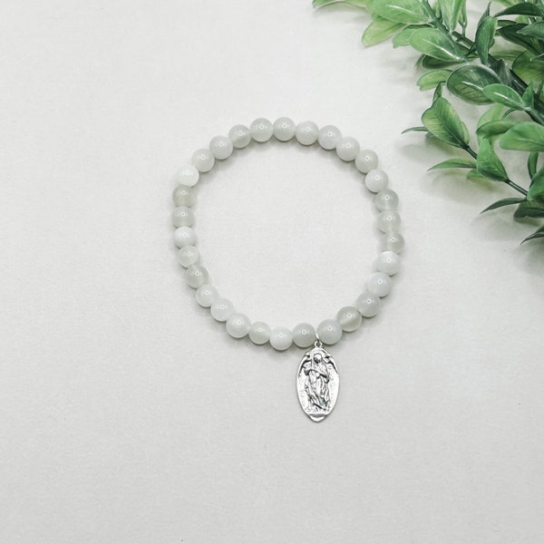 St. Genevieve Gemstone Stretch Bracelet | Sterling Silver |Moonstone |Catholic Gift |Confirmation Gift |Patron Saint Disasters, Fever, Paris