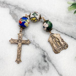 Our Lady of Guadalupe Three Hail Mary Devotional Chaplet | Floral Ceramic | Solid Bronze | Catholic Gift | Catholic Chaplet