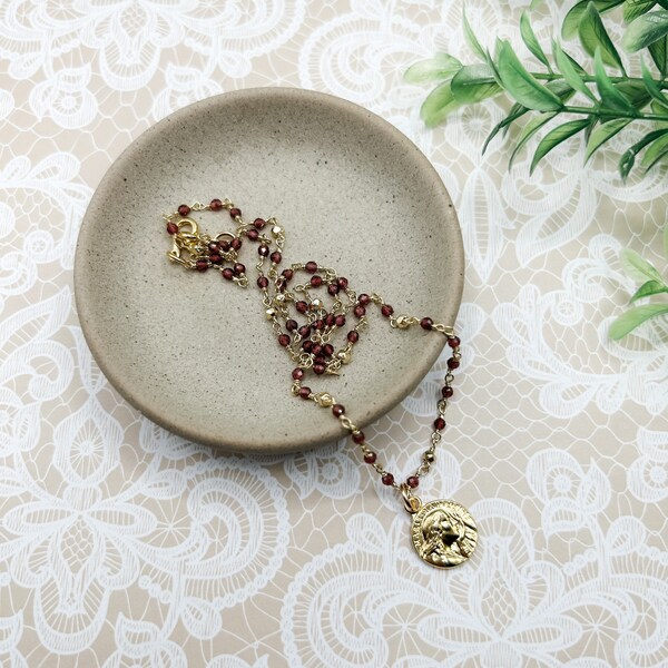 St. Mary Magdalene 18" Necklace | Garnet and Pyrite Chain | Gold Plated Sterling | 18K Gold Plated Bronze Clasp | Patron Saint of Converts