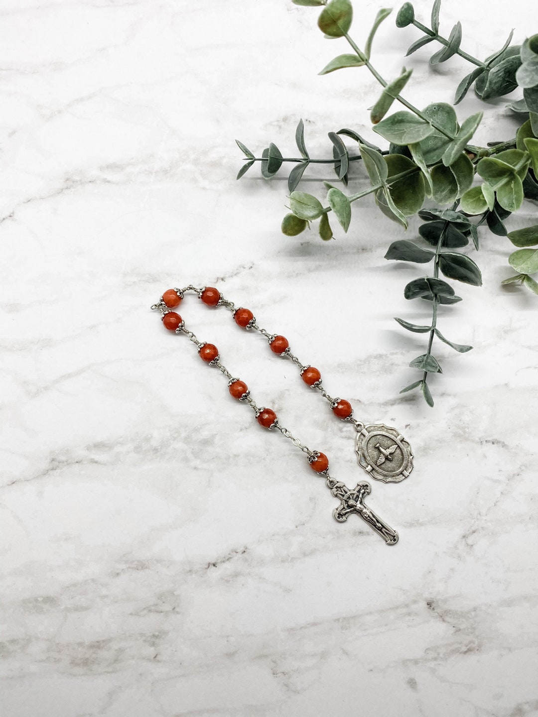 Holy Spirit Single-decade Pocket Rosary Red Canyon Jade Silver Catholic ...