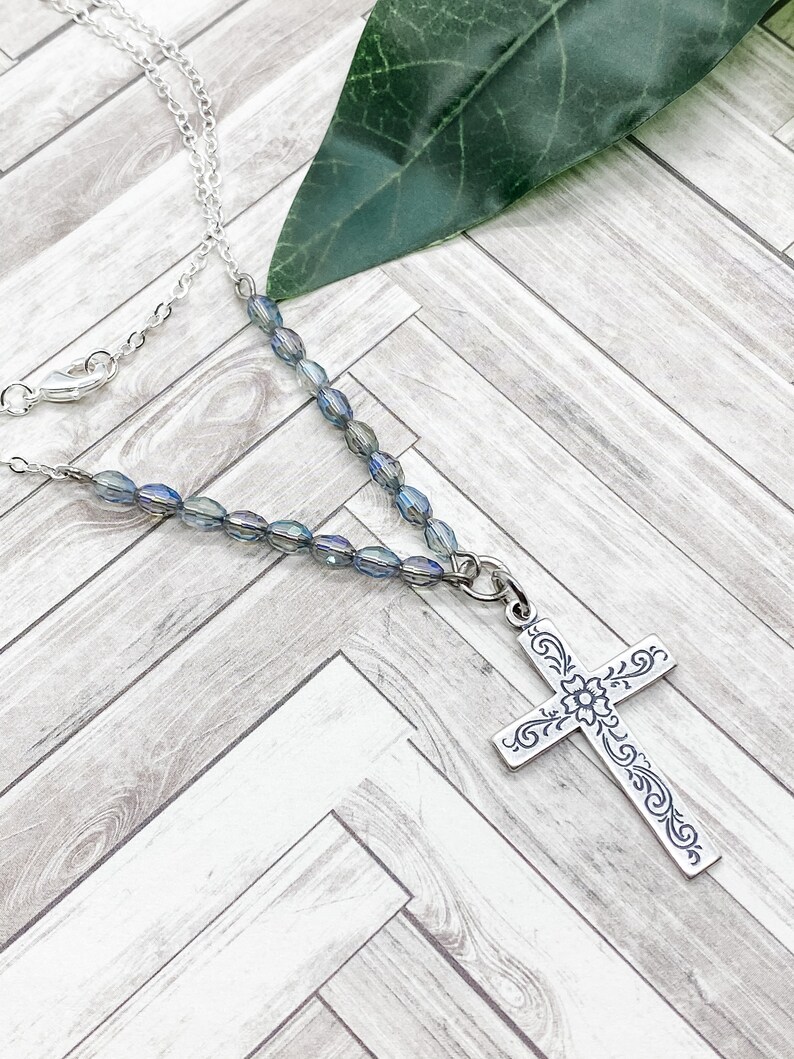 Silver and Blue Floral Cross Necklace