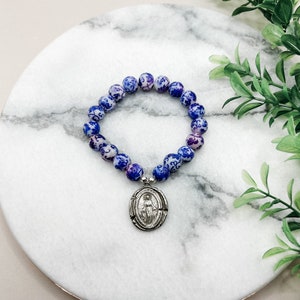 CLEARANCE Miraculous Medal Stretch Bracelet | Floral Ceramic | Silver | Hematite | Catholic Gift | Religious Gift | Confirmation | Wedding
