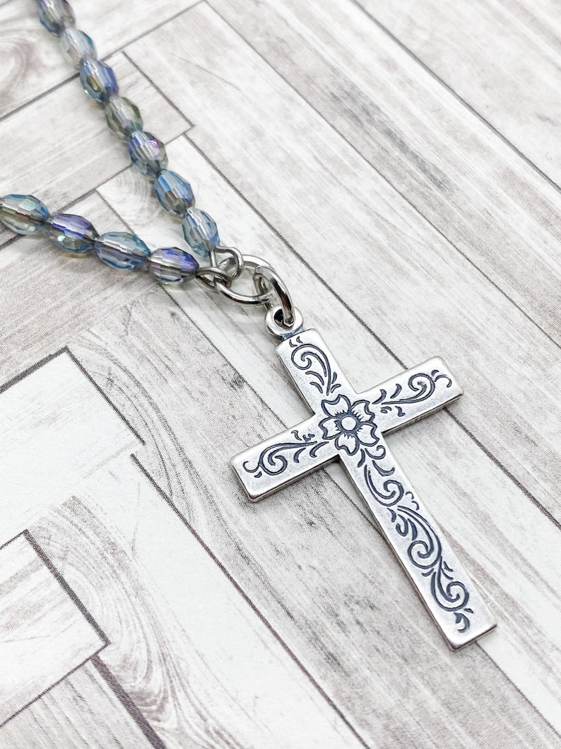 Silver and Blue Floral Cross Necklace