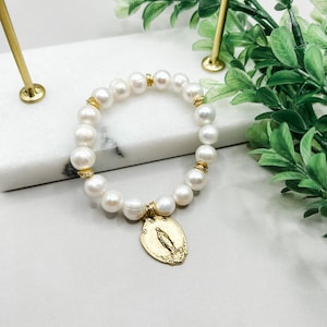 Blessed Mother Stretch Bracelet | Freshwater Pearl | Gold | Hematite | Catholic Gift | Religious Gift | Confirmation | Wedding