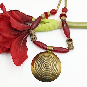 Ethno necklace old Bohemian glass beads old trade beads Africa necklace red amulet pendant spiral bronze beads Ghana recycled glass