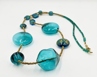 Necklace petrol blue Murano glass blown glass beads Venice long chain Lampwork Vintage unique designer jewelry handmade