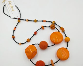 Long necklace Murano glass, orange beads, blown glass beads, Venetian beads, statement necklace unique jewelry designer necklace handmade
