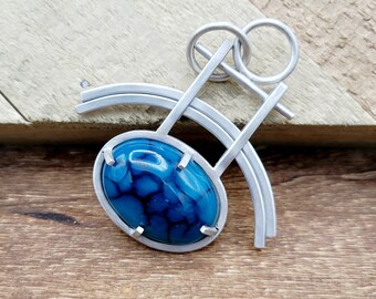 Handmade Artisan 925  Sterling Silver Pendant with an 18x25mm Blue Dragon Vein Agate