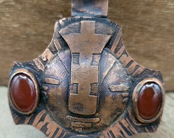 Handmade Tribal Copper Etched Pendant with Carnelian stones