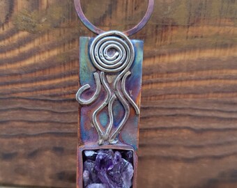 Handmade Fire Painter Silver and Copper with Amethyst Chips in resin Pendant