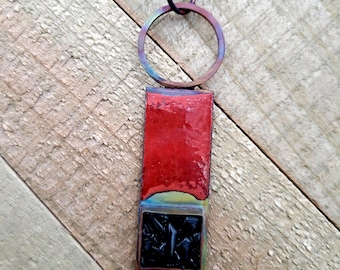 Handmade Enameled Copper Pendant with Onyx chips in resin