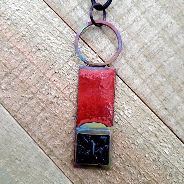 Handmade Enameled Copper Pendant with Onyx chips in resin