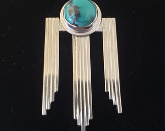Artisan Handmade Art Deco Sterling Silver Pendant with a 10mm Turquoise Stone