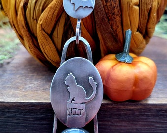 Sterling Silver Gothic Druzy Agate Cat and Bat Pendant