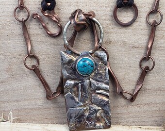 Artisan Handmade Rustic Reticulated Silver on Copper Pendant with a 10mm Turquoise Cabochon