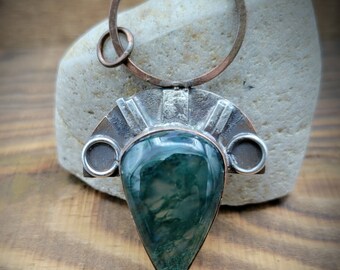 Handmade Copper and Reticulated Silver with a Moss Agate