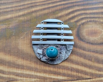 Handmade Artisan Sterling Silver Art Deco and Reticulated Silver Pendant with an 8mm Chrysocolla stone
