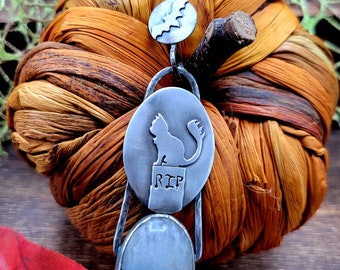 Sterling Silver Cat and Bat Halloween/Goth Pendant