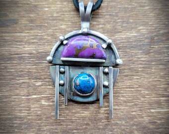 Handmade Artisan Sterling Silver Pendant with a Purple Mojave Turquoise and a Chyrscolla stone