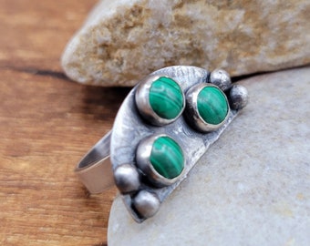 925 Sterling Silver With 3 Malachite Gemstone Ring