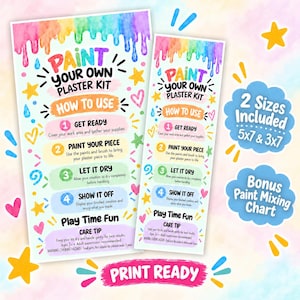 Puede incluir: Una hoja de instrucciones para un kit de yeso con gotas de pintura arcoíris, estrellas y corazones. Enumera cuatro pasos: Get Ready, Paint Your Piece, Let It Dry y Show It Off. Incluye texto sobre los tamaños 5x7 y 3x7 y una tabla de mezcla.