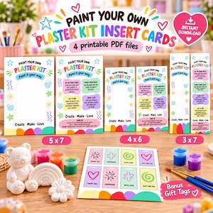 May include: A digital printable kit featuring multiple insert cards for a plaster painting set. The cards include instructions, colourful graphics, and bonus gift tags with text like Thank You, Handmade, With Love, and Just For You.