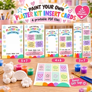 Può includere: Un set di schede inseribili in PDF stampabili per un kit di gesso da dipingere, con testo e grafica colorati. La collezione include schede di istruzioni di varie dimensioni e etichette regalo bonus con frasi come Thank You e Handmade.