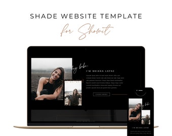 May include: A laptop and smartphone display a website template with a black and white design. The template includes images and the text "I'M BRIANA LAYNE" and "hey babe". The website is for Showit.