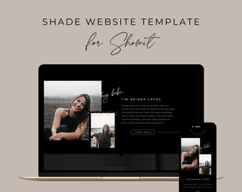 May include: A laptop and smartphone display a website template with a black and white design. The template includes photos, text, and the words "SHADE WEBSITE TEMPLATE for Showit." The text "I'M BRIANA LAYNE" is also visible.