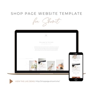 Puede incluir: Un port&aacute;til y un smartphone que muestran una plantilla de sitio web para Showit. La pantalla del port&aacute;til muestra una p&aacute;gina de la tienda con im&aacute;genes de productos y texto. El smartphone muestra una versi&oacute;n m&oacute;vil de la tienda. El texto de la imagen dice "SHOP PAGE WEBSITE TEMPLATE for Showit."