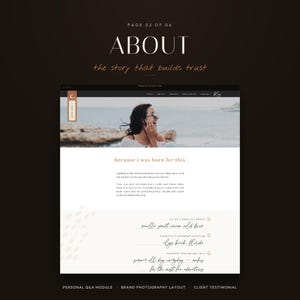 K&ouml;nnte beinhalten: Ein Website-Vorlagendesign mit dem Titel ABOUT the story that builds trust, das eine Kopfzeile mit einem Foto einer Person am Strand, den Text because i was born for this und einen pers&ouml;nlichen Q&A-Bereich mit handschriftlichen &Uuml;berschriften enth&auml;lt.