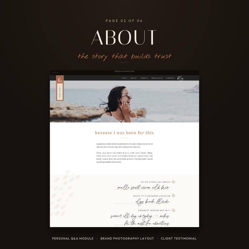 K&ouml;nnte beinhalten: Ein Website-Vorlagendesign mit dem Titel ABOUT the story that builds trust, das eine Kopfzeile mit einem Foto einer Person am Strand, den Text because i was born for this und einen pers&ouml;nlichen Q&A-Bereich mit handschriftlichen &Uuml;berschriften enth&auml;lt.