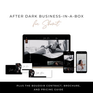 May include: A digital marketing package with a website design on a laptop, two smartphones, and business cards. The package includes a boudoir contract, brochure, and pricing guide. The text reads "AFTER DARK BUSINESS-IN-A-BOX for Showit."