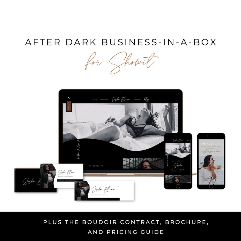 May include: A digital marketing package with a website design on a laptop, two smartphones, and business cards. The package includes a boudoir contract, brochure, and pricing guide. The text reads "AFTER DARK BUSINESS-IN-A-BOX for Showit."