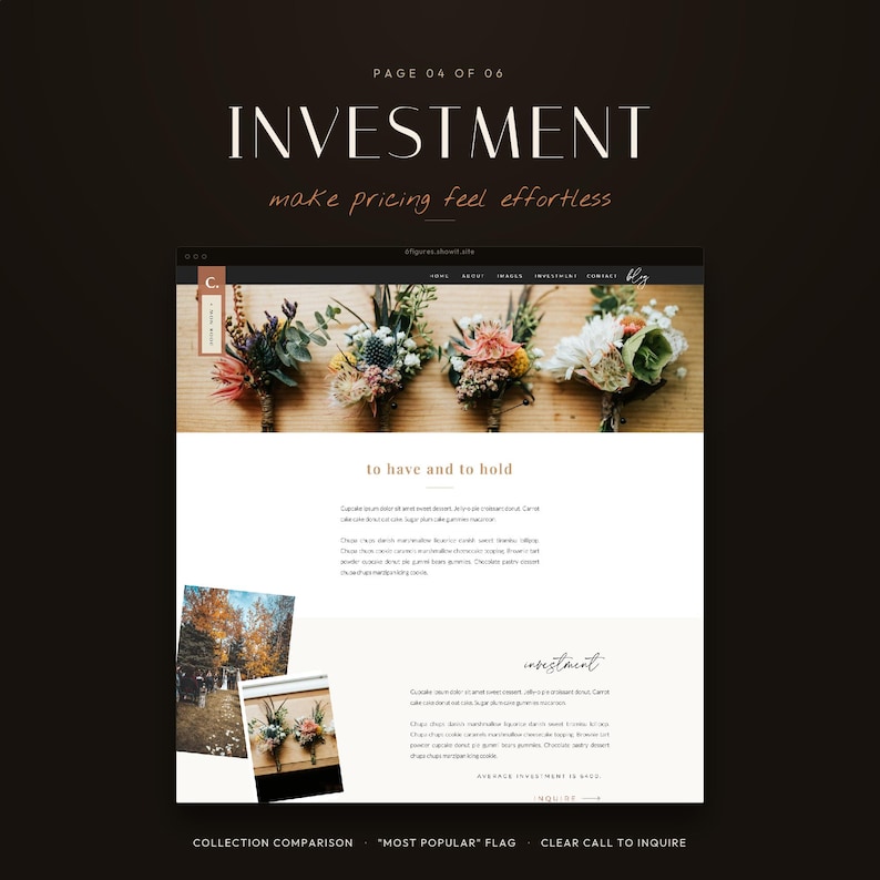 K&ouml;nnte beinhalten: Ein Website-Layout mit dem Titel INVESTMENT, das im Header vier florale Ansteckblumen auf einer Holzoberfl&auml;che zeigt. Die Seite enth&auml;lt den Text to have and to hold, Platzhaltertext sowie zwei kleine Fotos mit Au&szlig;enaufnahmen und Blumen.