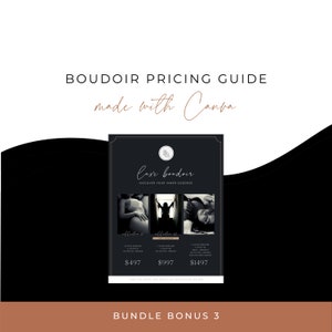 May include: A boudoir pricing guide with the text "BOUDOIR PRICING GUIDE" and "made with Canva". The guide features a black and white photo collage and pricing details. The guide is on a white background with a brown border.