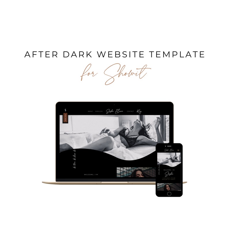 May include: A laptop and smartphone display a website template with a black and white theme. The laptop screen shows a woman in lingerie. The phone displays a similar design. Text at the top reads "AFTER DARK WEBSITE TEMPLATE for Showit."