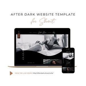 Op de afbeelding: Een website template weergegeven op een laptop en smartphone. De template heeft een zwart-wit ontwerp met de tekst "AFTER DARK WEBSITE TEMPLATE for Showit". De website toont een zwart-wit foto.