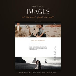 K&ouml;nnte beinhalten: Ein Website-Vorlagenlayout mit dem Titel PAGE 03 OF 06 IMAGES let the work speak for itself. Es enth&auml;lt einen oberen Bereich mit einem Paar in einer W&uuml;stenlandschaft, einen mittleren Textblock mit der &Uuml;berschrift your love, told truly und ein Foto.