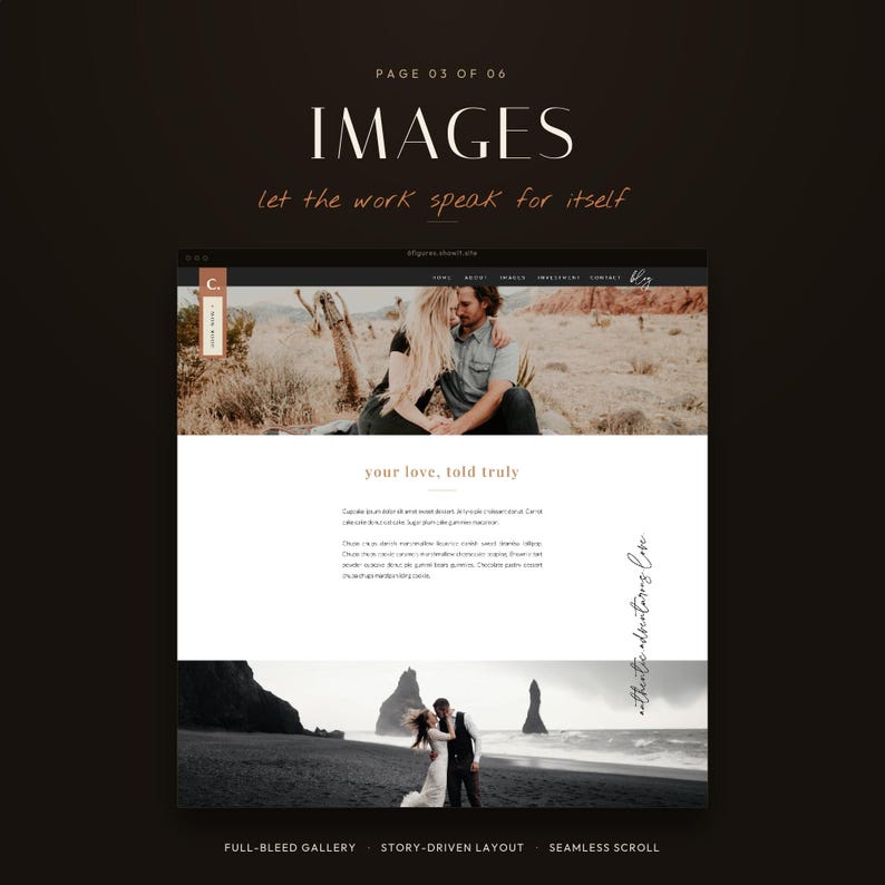 K&ouml;nnte beinhalten: Ein Website-Vorlagenlayout mit dem Titel PAGE 03 OF 06 IMAGES let the work speak for itself. Es enth&auml;lt einen oberen Bereich mit einem Paar in einer W&uuml;stenlandschaft, einen mittleren Textblock mit der &Uuml;berschrift your love, told truly und ein Foto.