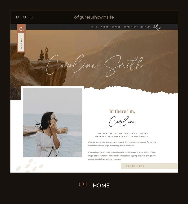 K&ouml;nnte beinhalten: Ein Website-Homepage-Layout f&uuml;r 6figures.showit.site mit dem Namen Caroline Smith in Schreibschrift. Das Design enth&auml;lt ein Foto eines Paares auf einer Klippe, ein Portr&auml;t einer Person in einem wei&szlig;en Oberteil am Meer und Platzhaltertext.