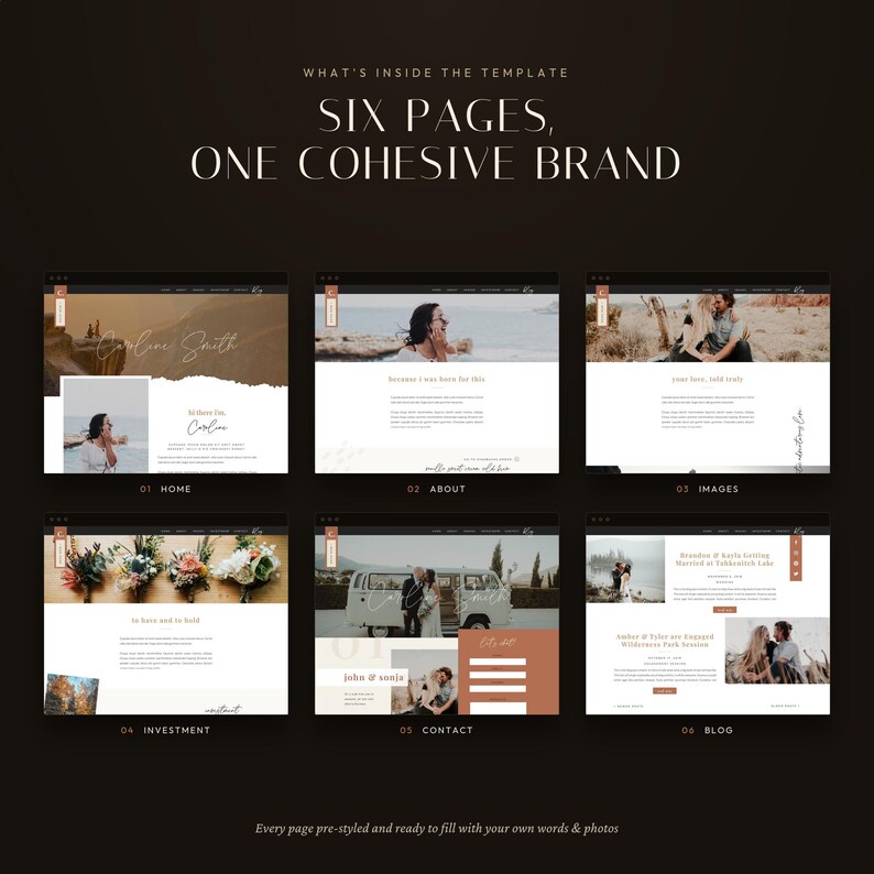 K&ouml;nnte beinhalten: Ein digitales Website-Vorlagen-Set mit sechs verschiedenen Seitenlayouts, beschriftet als Home, About, Images, Investment, Contact und Blog. Das Design umfasst wei&szlig;e Hintergr&uuml;nde, Serifenschrift und Platzhalter f&uuml;r Fotos mit einem einheitlichen Markenbild.