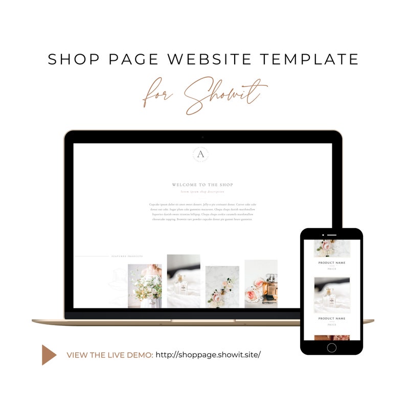 Puede incluir: Un port&aacute;til y un smartphone que muestran una plantilla de sitio web para Showit. La pantalla del port&aacute;til muestra una p&aacute;gina de la tienda con im&aacute;genes de productos y texto. El smartphone muestra una versi&oacute;n m&oacute;vil de la tienda. El texto de la imagen dice "SHOP PAGE WEBSITE TEMPLATE for Showit."