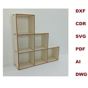 May include: A wooden shelf unit with six compartments, arranged in a stepped configuration. The shelf unit is made of light-colored wood with a natural finish.