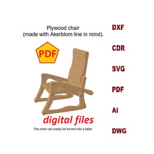 May include: A digital file download for a plywood chair design. The chair is made of wood and has a simple, modern design. The chair can be easily turned into a table. The digital files are available in DXF, CDR, SVG, PDF, AI, and DWG formats.