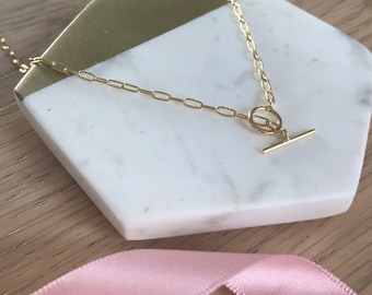 Gold Plated Sterling Silver T-Bar Necklace | Dainty Oval Chain Link Necklace | Toggle Clasp