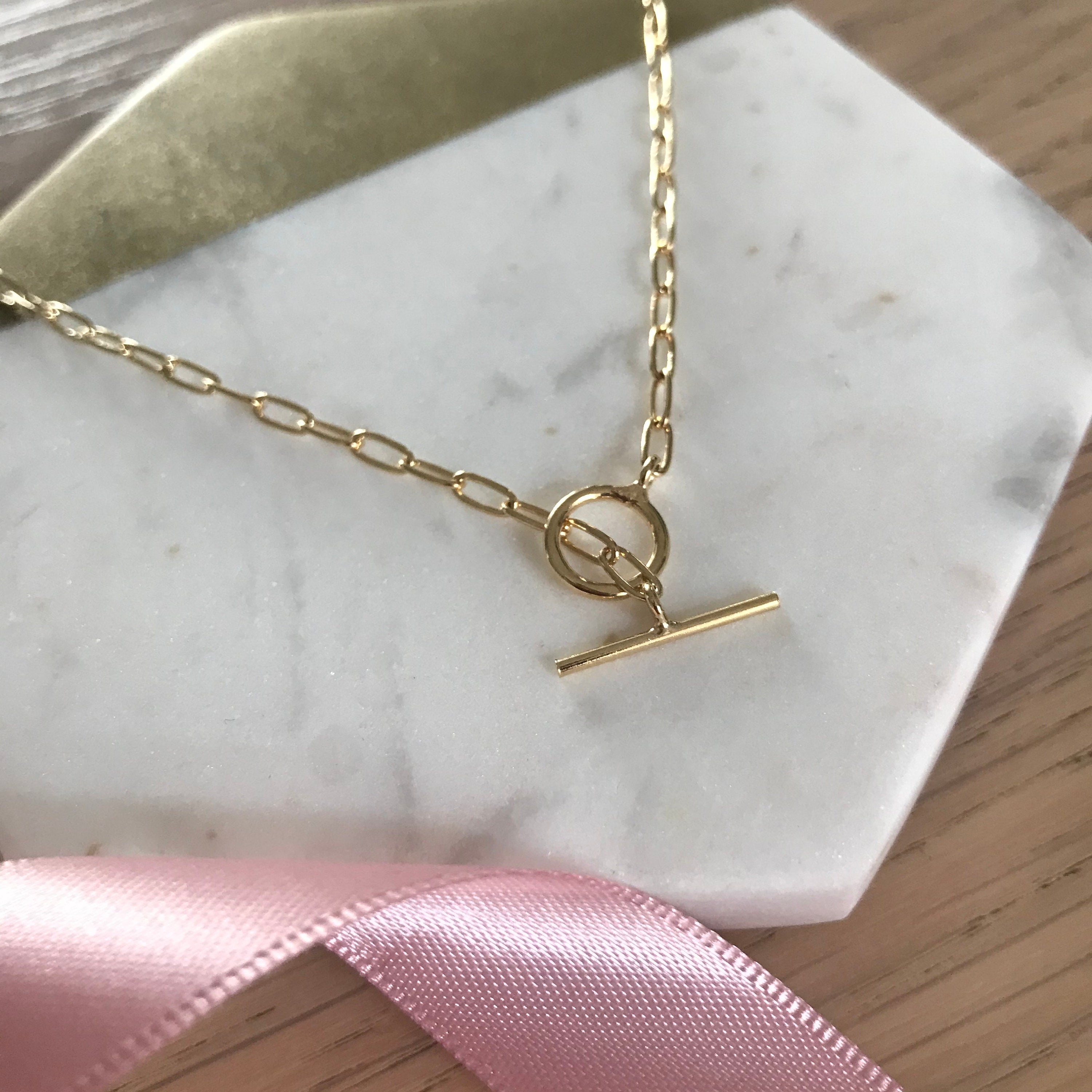 Gold Plated Sterling Silver T-bar Necklace | Dainty Oval Chain 