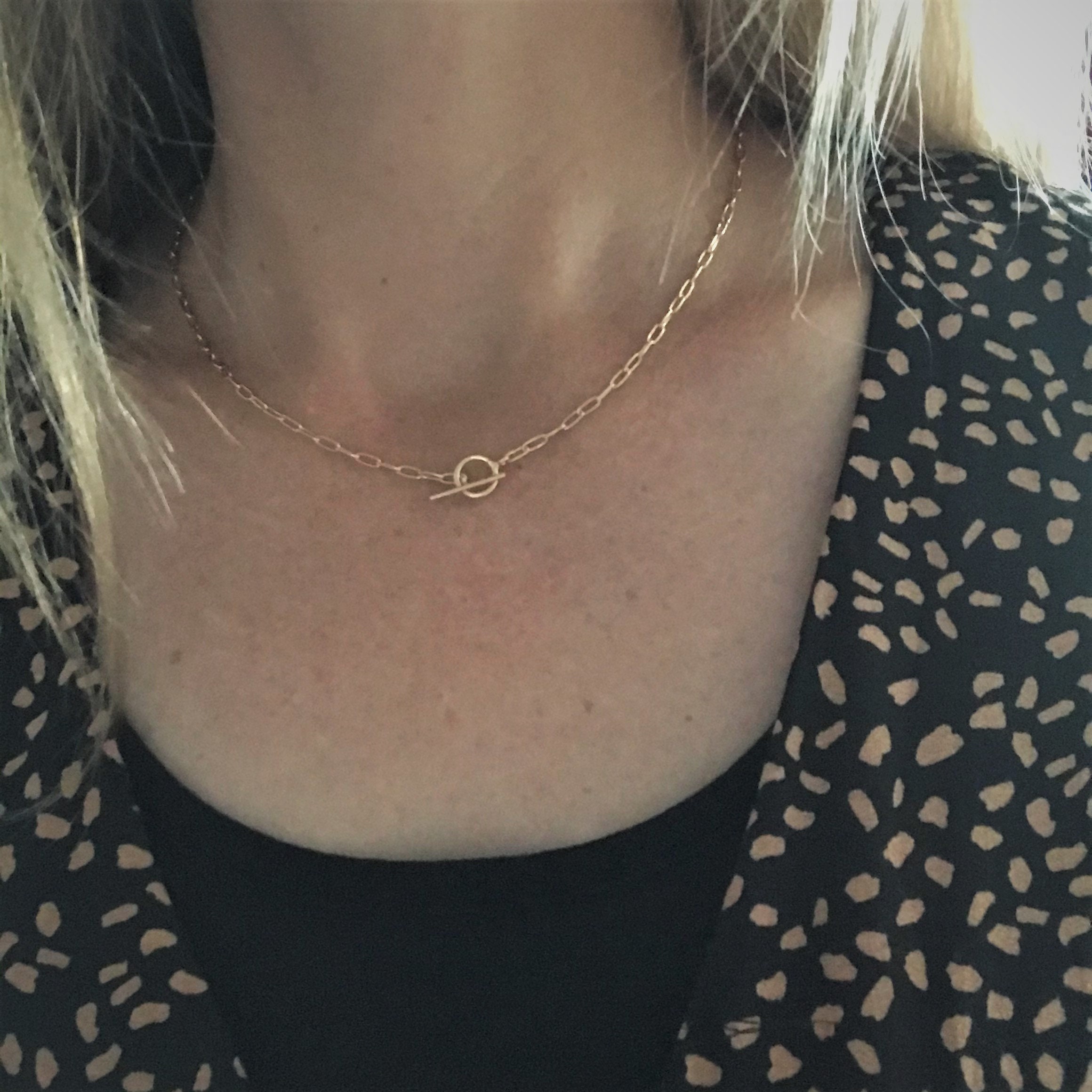 Gold Plated Sterling Silver T-bar Necklace | Dainty Oval Chain 